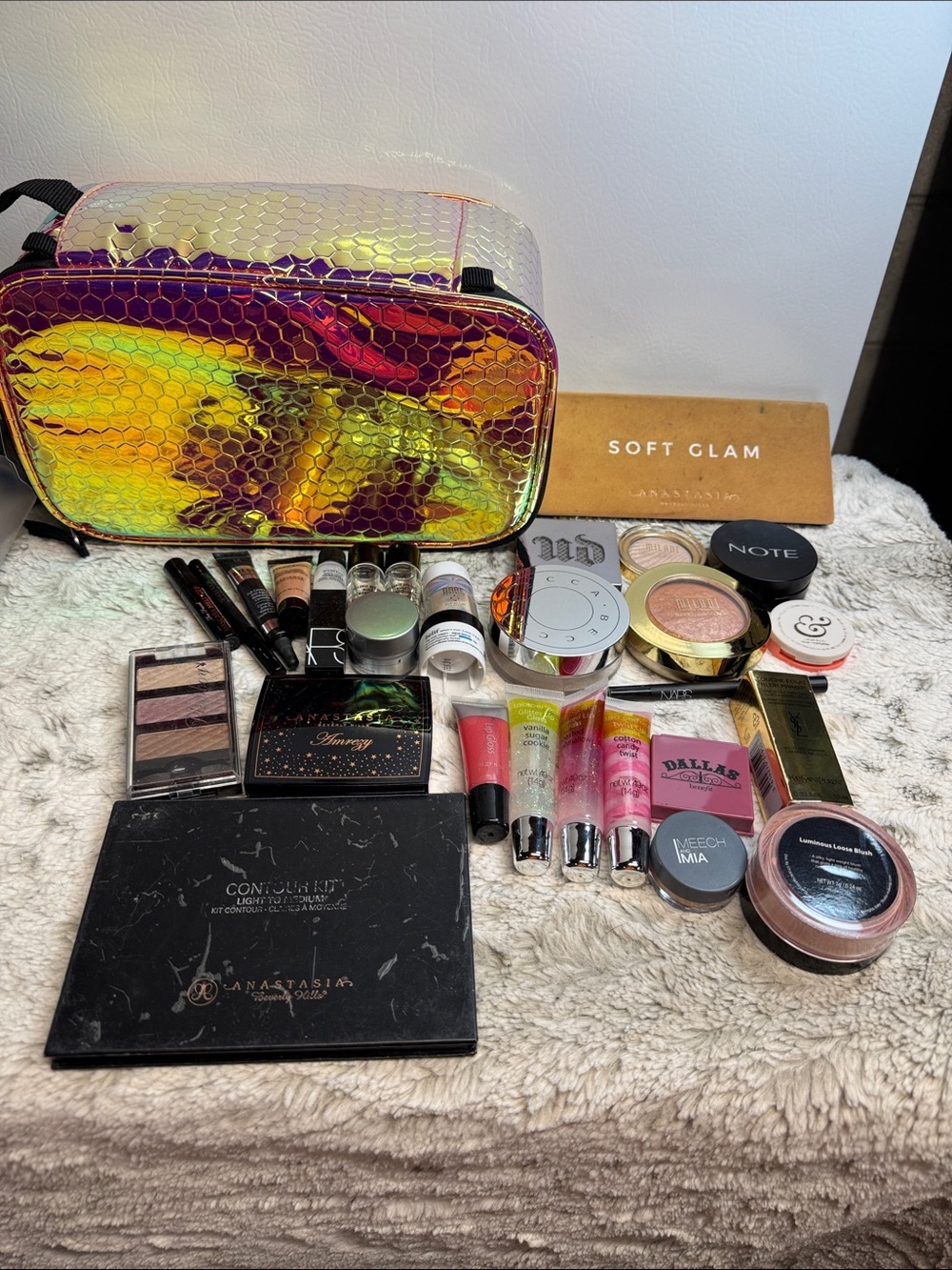 Holographic Iridescent lunch Bag with Assorted Cosmetics